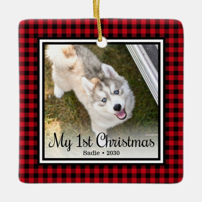 Puppy's 1st Christmas 2 Photo Ceramic Ornament (Front)