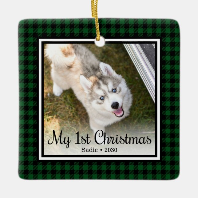 Puppy's 1st Christmas 2 Photo Ceramic Ornament (Front)