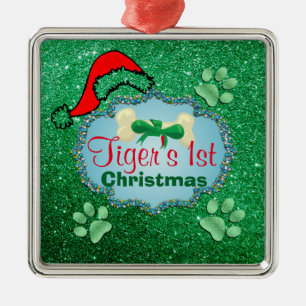 Puppys 1st Christmas Green Faux Glitter Santa Hat Metal Ornament