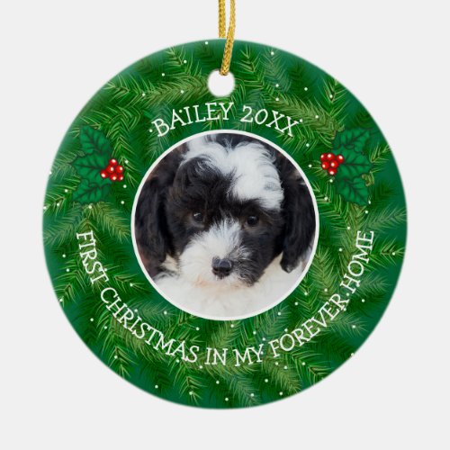 Puppys 1st Christmas Photo Holiday Wreath Ceramic Ornament