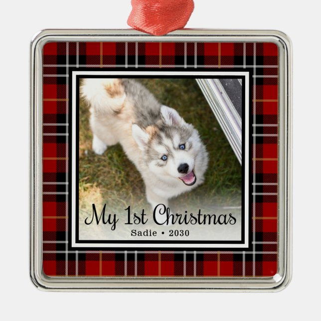 Puppy's 1st Christmas Photo Metal Ornament (Front)
