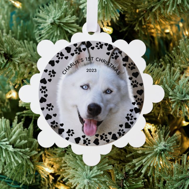 Puppy's 1st Christmas White & Green Pet Paw Prints Ornament Card (Insitu (Tree))