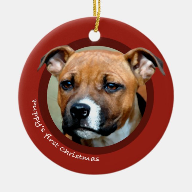 Puppy's First Christmas (American Staffordshire) Ceramic Ornament (Front)