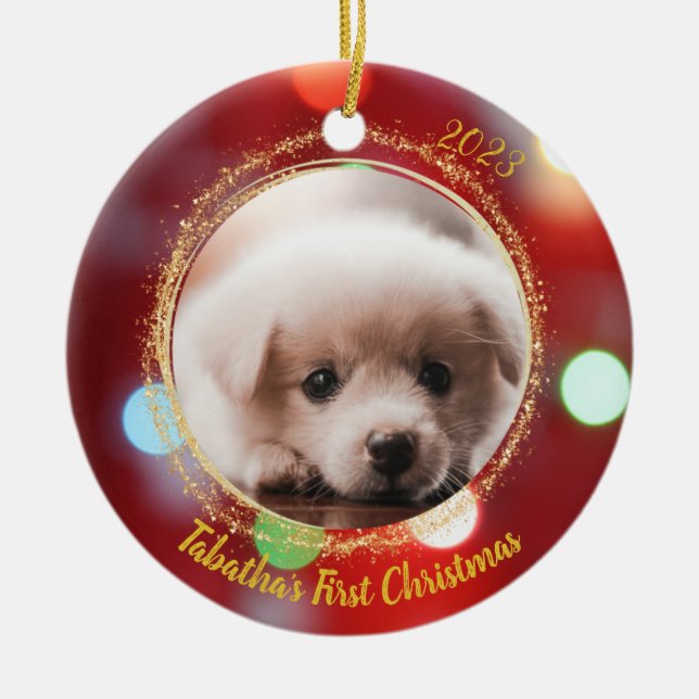 Puppy's First Christmas Ceramic Ornament (Front)