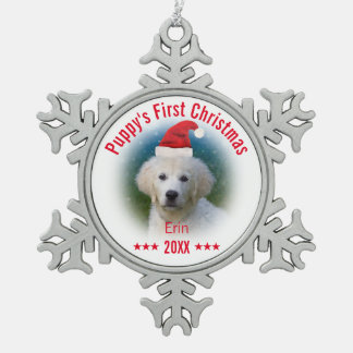 Puppy's First Christmas | Dog Name Snowflake Pewter Christmas Ornament