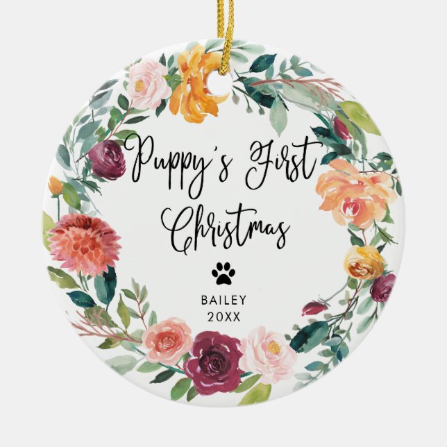 Puppy's First Christmas | Floral Wreath and Photo Ceramic Ornament (Front)