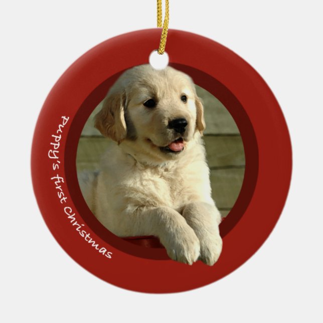 Puppy's First Christmas (Golden Retriever) Ceramic Ornament (Front)