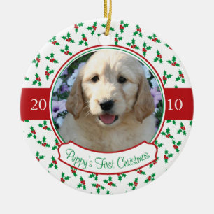 Puppy's First Christmas - Holly & Berries Ceramic Ornament