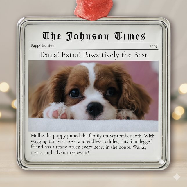 Puppy's First Christmas New Dog Photo Newspaper Metal Ornament (Creator Uploaded)