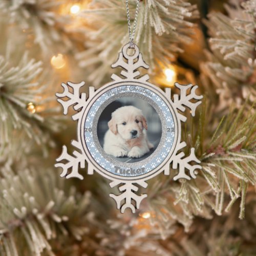 Puppys First Christmas Photo Blue Paw Print Snowflake Pewter Christmas Ornament