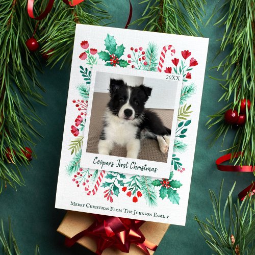 Puppys First Christmas Photo Watercolor Botanical Holiday Card