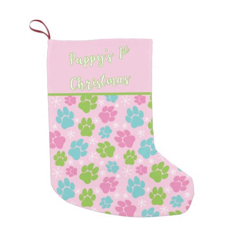 Puppys First Christmas Pink and Green Small Christmas Stocking