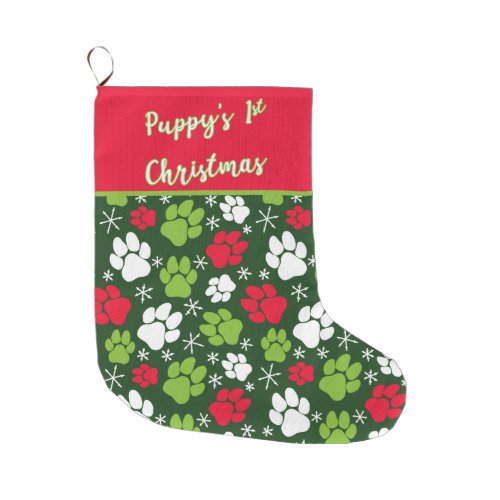 Puppys First Christmas Red and Green Large Christmas Stocking