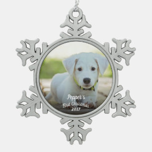 Puppy's first Christmas with name + year Snowflake Pewter Christmas Ornament