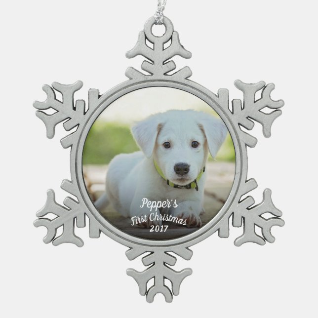 Puppy's first Christmas with name + year Snowflake Pewter Christmas Ornament (Front)