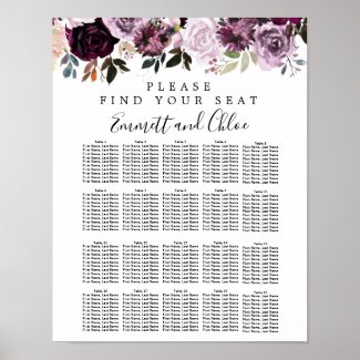 Purple Pink Floral 20-Table Wedding Seating Chart