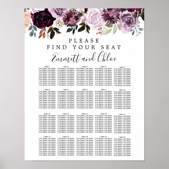 Puprle Pink Floral 20-Table Wedding Seating Chart (Front)