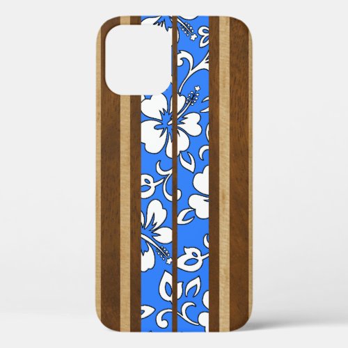 Pupukea Hibiscus Hawaiian Faux Wood Surfboard Blue iPhone 12 Pro Case