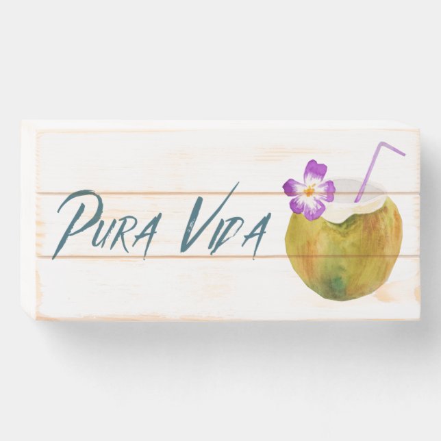 Pura Vida Coconut Cocktail Costa Rica Wooden Box Sign (Front Horizontal)