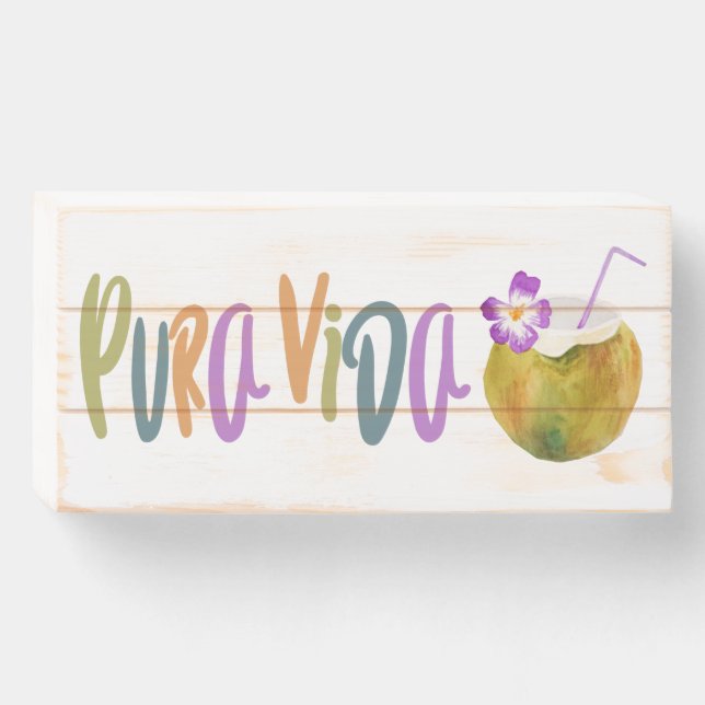 Pura Vida Costa Rica Coconut Cocktail Wooden Box Sign (Front Horizontal)