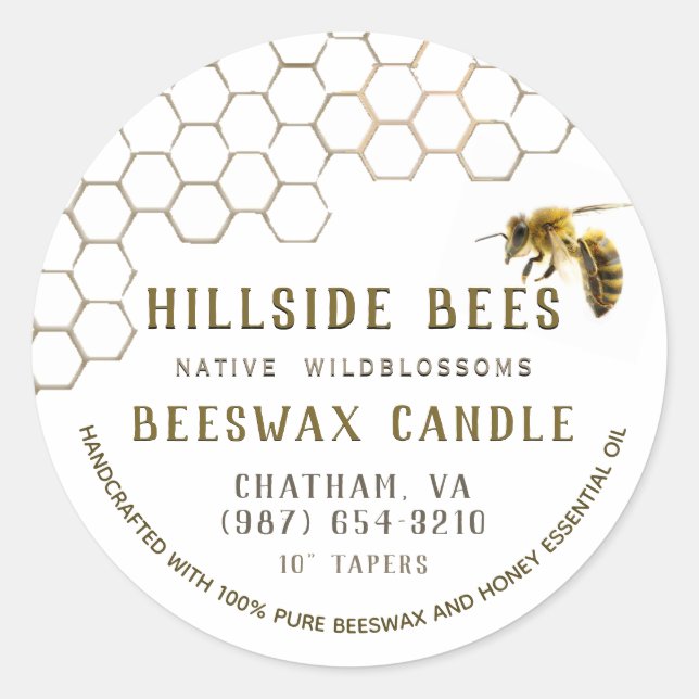 Pure Beeswax Candle Label with Honeycomb & Bee (Front)