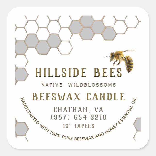 Pure Beeswax Candle Label with Honeycomb & Bee (Front)