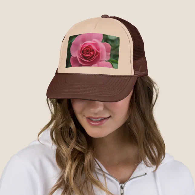 Pure Bold Pink Rose Custom Printed Tan and Brown Trucker Hat  display picture 1