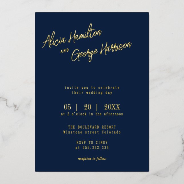 Pure Elegance: A Navy Blue and Gold Wedding Foil Invitation (Front)