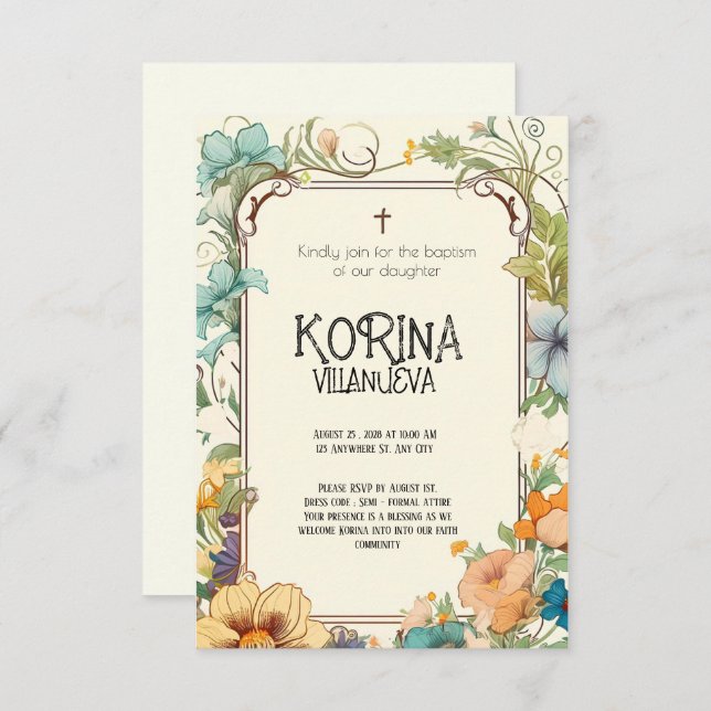 Pure Elegance: Cream & Green Simple Floral Baptism Invitation (Front/Back)