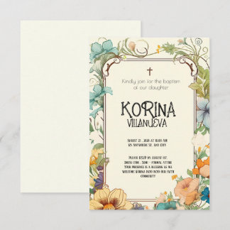 Pure Elegance: Cream & Green Simple Floral Baptism Invitation