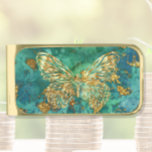 Pure Gold Butterfly Money Clip<br><div class="desc">Wish a loved one good fortune with a personalized money clip! 
Gold butterfly on aqua and gold background.</div>