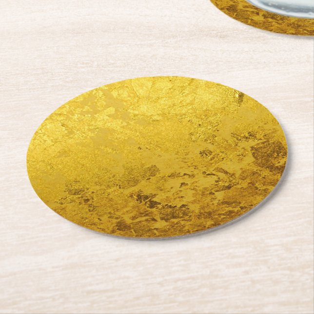 PURE GOLD LEAF Pattern + your text / photo Round Paper Coaster (Angled)