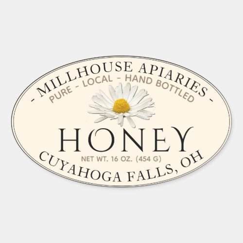 Pure Local Hand Bottled Raw Honey with Daisy Oval Sticker