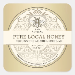 Pure Local Honey Ornate Label Metallic Gold Bee