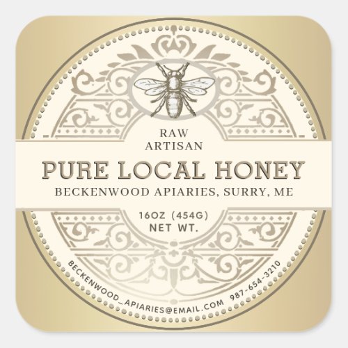 Pure Local Honey Ornate Label Metallic Gold Bee