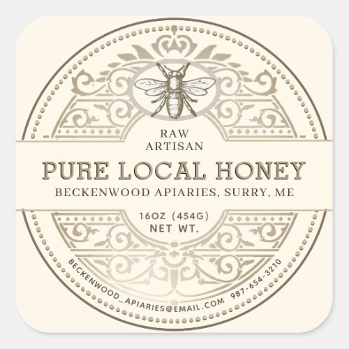 Pure Local Honey Ornate Product Label Bee Ivory