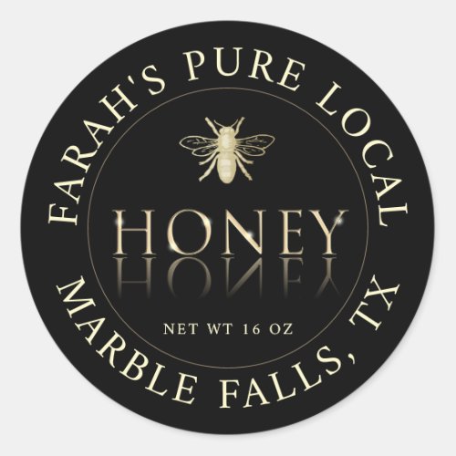 Pure Local Honey with Gold Heraldic Bee on Black C Classic Round Sticker
