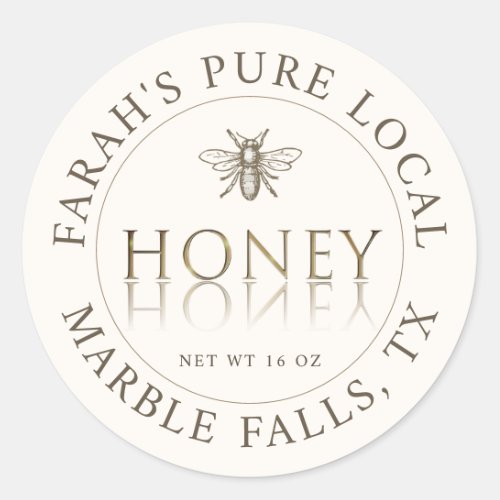 Pure Local Honey with Gold Heraldic Bee on Ivory C Classic Round Sticker