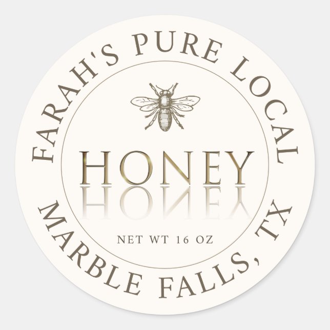 Pure Local Honey with Gold Heraldic Bee on Ivory   Classic Round Sticker (Front)