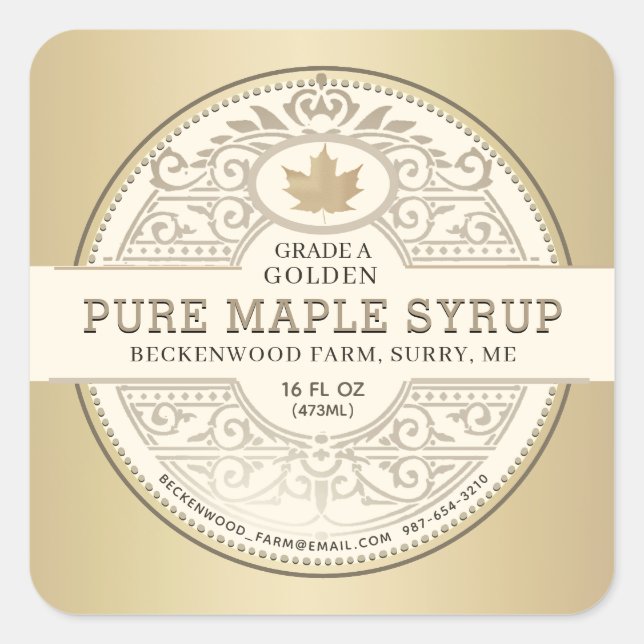Pure Local Maple Syrup Ornate Label Metallic Gold  (Front)