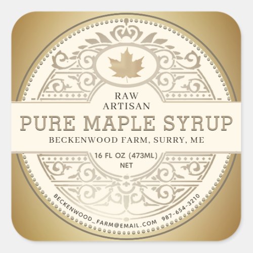 Pure Local Maple Syrup Ornate Label Metallic Gold 