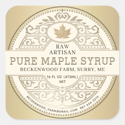Pure Local Maple Syrup Ornate Label Metallic Gold 