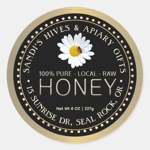 PURE LOCAL RAW HONEY black gold with daisy  bee Classic Round Sticker