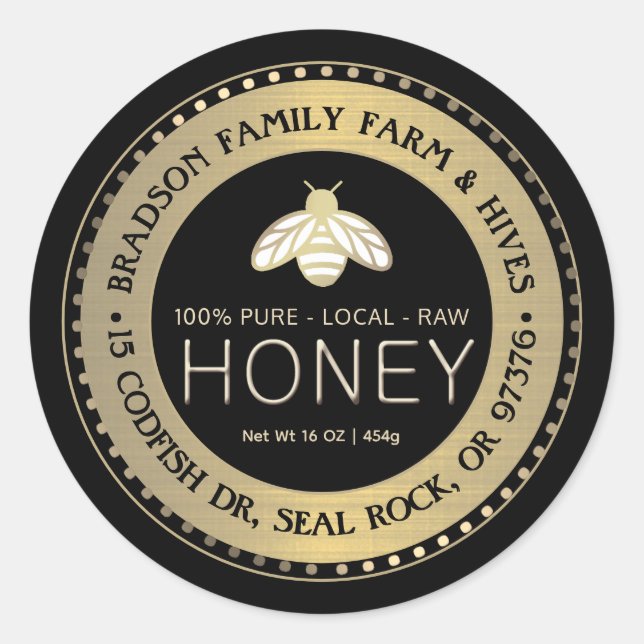 PURE LOCAL RAW HONEY label with stylized gold bee (Front)