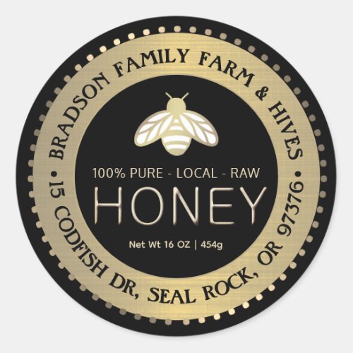 PURE LOCAL RAW HONEY label with stylized gold bee