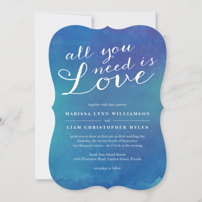 Pure Love Watercolor Wedding  / Ocean Blue Invitation (Front)