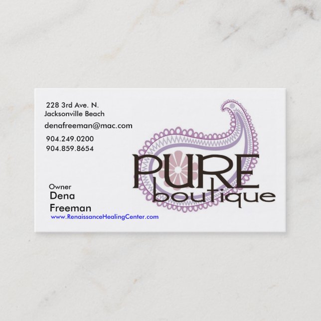Pure Paisley Logo, Dena Freeman, 228 3rd Ave. N... Business Card (Front)