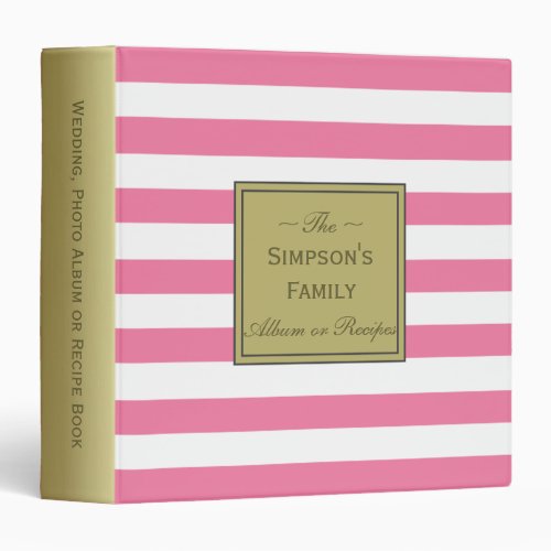 Pure Pink White Stripes Gold Wedding Album Recipe 3 Ring Binder