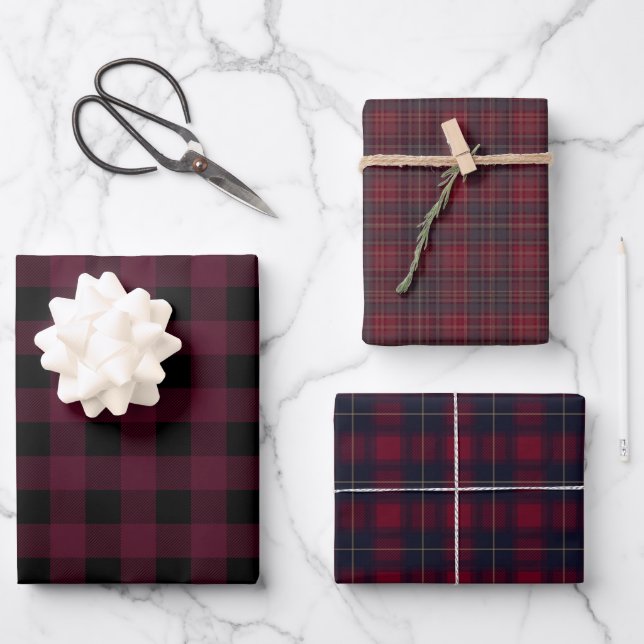 Pure Plaid Buffalo Checks Red Black Traditional  Wrapping Paper Sheets (Front)