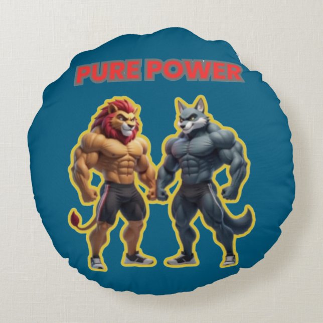 Pure Power – Strong Animal Muscle Cartoon Design Round Pillow (Back)